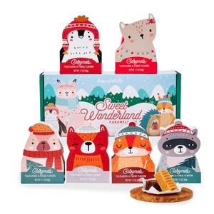 Thoughtfully Holiday Character Caramel Candy Gift Set  6 Mini Boxes  Polish Classic & Fudge Chocolate Caramels  Stocking Stuffers, Secret Santa, Teacher & Office Gifts