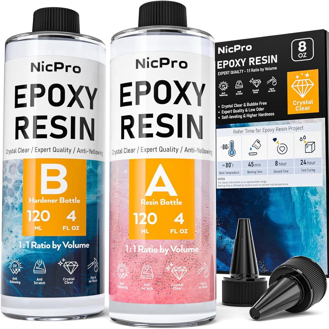 Nicpro 8 Ounce Crystal Clear Epoxy Resin Kit, Food Safe DIY Starter Epoxy Resin for Art Craft, Canvas Painting, Molds Pigment Jewelry Making, Resin Coating and Casting
