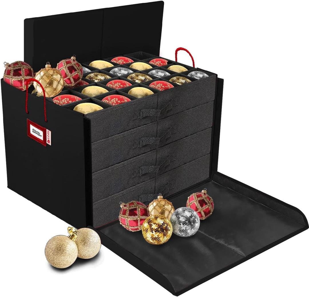 HOLDN' STORAGE Christmas Ornament Storage Box with Dividers, Stores Ornaments up to 96 of 3 Inch Large Christmas Ball Storage Containers with 4 Trays - Black