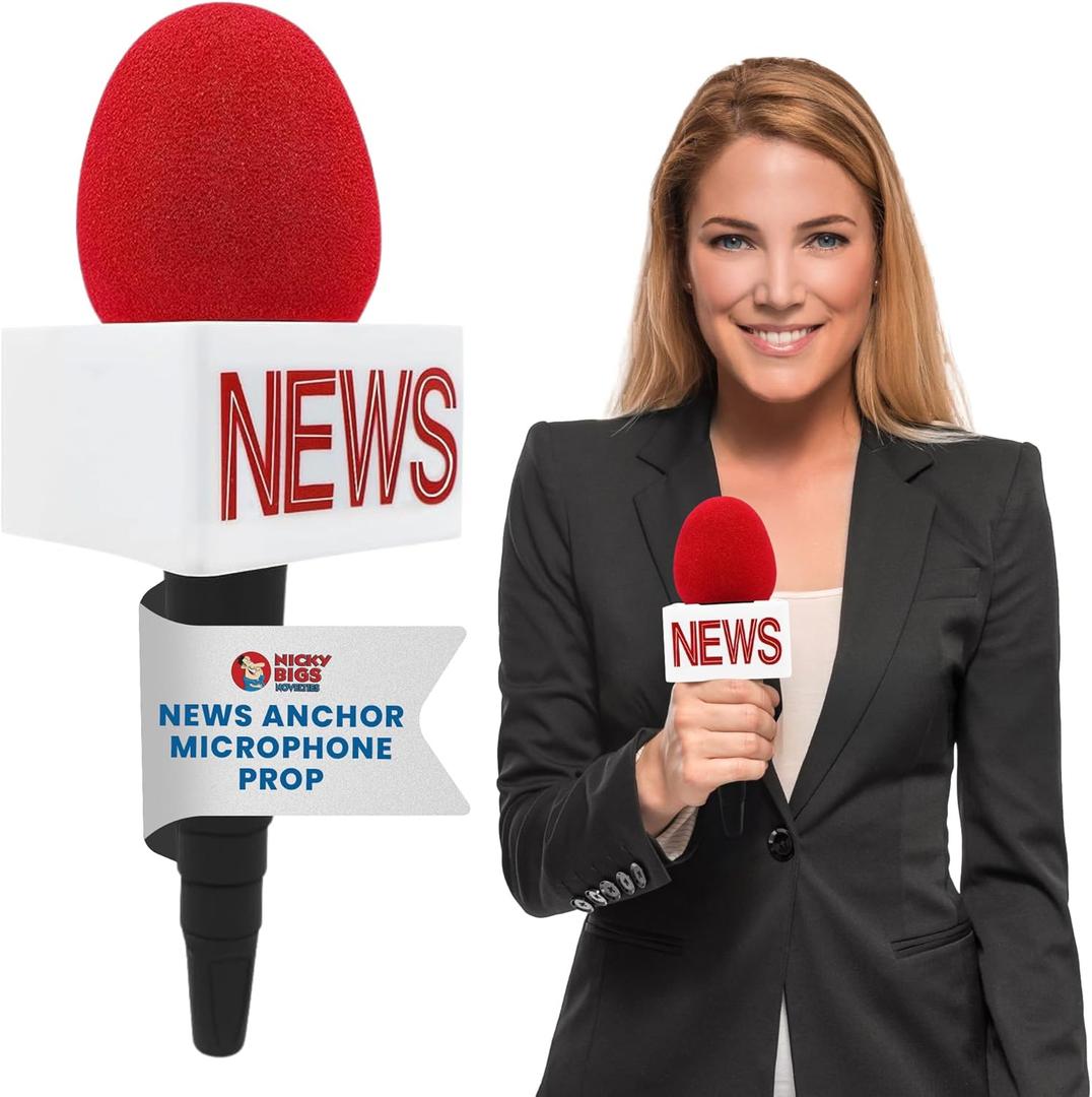Nicky Bigs Novelties Adult News Anchor Microphone Prop - Fake News Microphone with Flag, Plastic Wireless prop for Reporter, Anchorman, Journalist Costume, Career Day, Halloween - Black, One Size