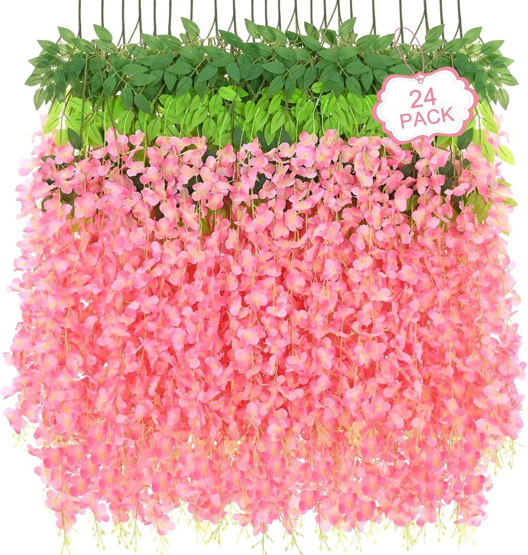 24Pcs Artificial Wisteria Hanging Flowers, 3.6Ft/Pcs Deep Pink Fake Wisteria Garland for Wedding Party Home Garden Indoor Outdoor Decoration