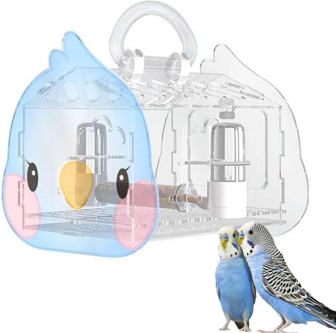 Hamiledyi Small Bird Carrier Travel Cage Transparent Parakeet Carrier Backpack with Standing Perch Portable Outdoor Cage for Lovebird Parrot Swallow Goldfinches (Bule)