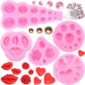 3 x Valentine's Day Fondant Molds Lips Love Heart Rose Silicone Mold Semi Sphere Ball Chocolate Molds For Cake Decorating Cupcake Topper Gum Paste Candy Polymer Clay Set Of 4