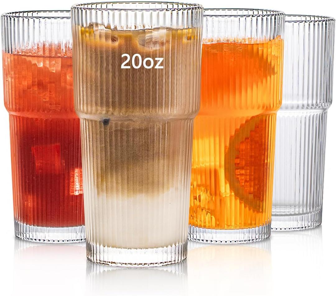 INSETLAN 20oz Ribbed Glass Tumbler Set of 4  Large Capacity Drinking Glasses for Iced Coffee, Water, Juice, and Cocktails  Elegant Modern Glassware for Everyday Use and Special Occasions