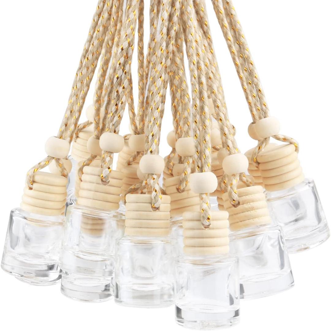 20 Pcs 8ml Hanging Car Air Freshener Diffuser,Empty Clear Glass Essential Diffuser Oil Aromatherapy Fragrance Perfume Pendant Glass Vials with Wooden Caps & Hanging String,Cylindrical