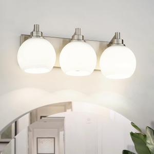 Bathroom Light Fixtures, 3-Light Brushed Nickel Vanity Light, Modern Wall Sconces with Milk White Globe Glass Shade, Vanity Lighting Fixtures Over Mirror, VL195-BN-ML-3
