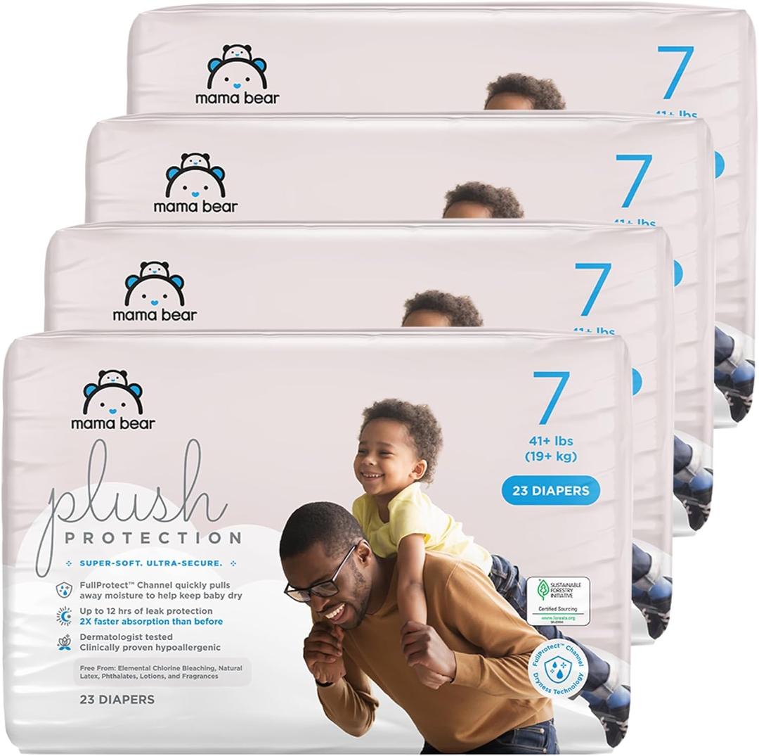 Mama Bear Plush Protection Diapers - Size 7, One Month Supply, Hypoallergenic Premium Disposable Baby Diapers, 92 Count (Pack of 4), White and Cloud Dreams