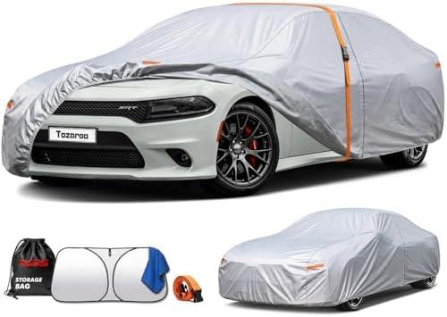 Tozaroa Car Cover Waterproof All-Weather,Heavy-Duty Outdoor Full Exterior Automobiles Sedan/Coupe (Length 194-203 inch) with Windshield Sun Shade Universal Fit Dodge Charger,Malibu, Model S,MKZ etc