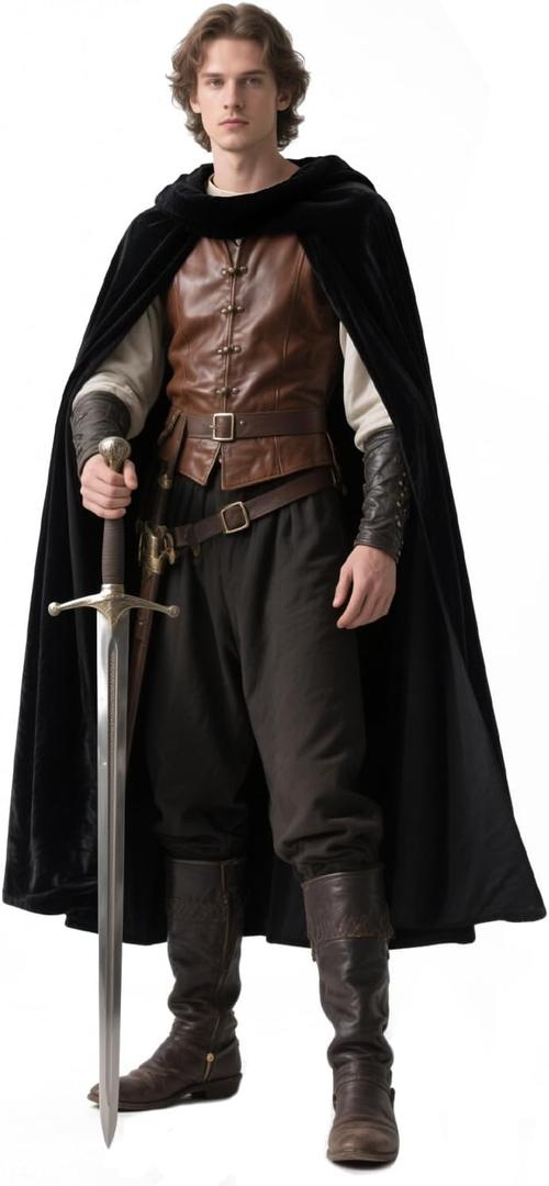 Joukavor Medieval Hooded Cloak Renaissance Cape with Hood for Women Men (Black)