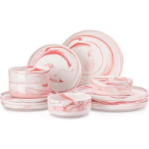 MALACASA Plates and Bowls Sets, 12 Pieces Porcelain Dinnerware Sets Dishware Sets Chip Resistant Ceramic Dish Set Dining Dinner Ware Service for 4, Marble Pink, Series LUNA