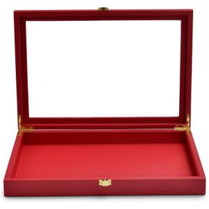 Oirlv Premium Red Leather Jewelry Tray with Acrylic Lid Jewelry Organizer Case Showcase Jewelry Display Organizer Box (Flat)