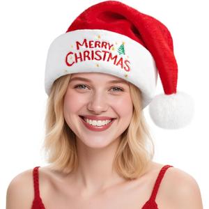 RJVW Christmas Santa Hat for Adults, Thicken Soft Velvet Comfort Classic Santa Claus Hat for New Year Party Headwear Holiday (Merry Christmas-1 Pcs)