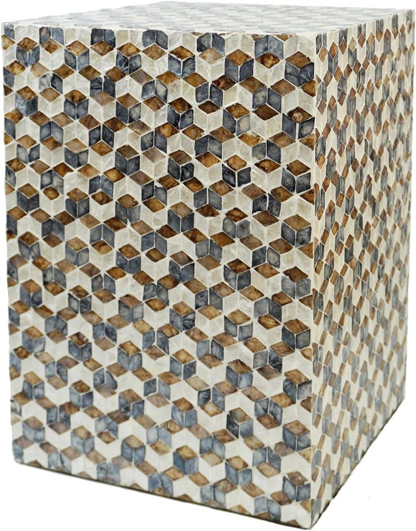PEMAR Mother of Pearl Square Drum End Table Nacre Lacquer Side Bedside Accent Table and Vanity Stool for Living Room Bedroom (Geometric Cube)