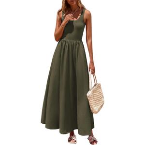 PRETTYGARDEN Womens Summer Casual Scoop Neck Sleeveless Long Dresses Tank Top Patchwork Aline Swing Maxi Dress with Pockets (M)