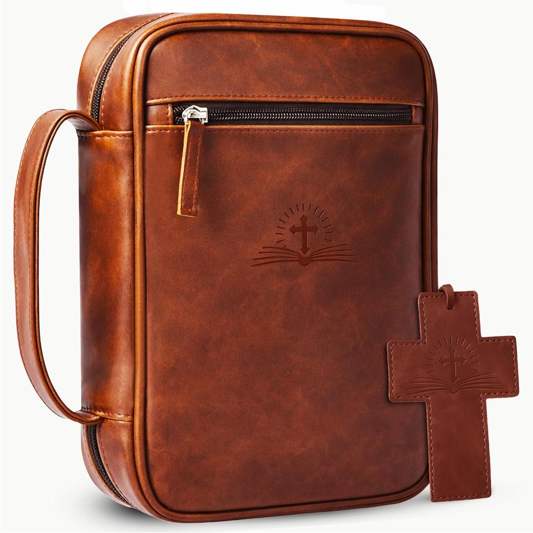 Full Leather Bible Cover for Men & Women, Bibles Study Supplies with Bookmark,Carrying Case for Bible Holder,Bible Protective Book Holder Carrying Case Organizer,Ideal Christian Gift (Brown)