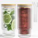 16OZ Ribbed Glass Cups with Lids and Straws,Iced Coffee Cups with Bamboo Lid,Vintage Glassware for Whiskey Cocktail Beer Fruit Juice Glasses Tumbler(2 Pack)