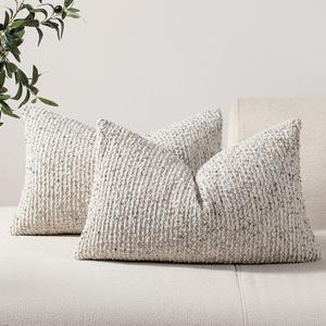 DEZENE Striped Throw Pillow Covers 12x20 Set of 2 Cream Grey Textured Boucle Chic Morden Boho Accent Farmhouse Rectangular Lumbar Decorative Couch Pillow Covers for Home Decor Bed Sofa Living Room