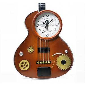Guitar Wall Clock  Retro Brown Metal Guitar-Shaped Clock with Gears, Silent Non-Ticking, Music Room Decor for Musicians, Music Lovers, Men, Teens, 16" (Yellow)