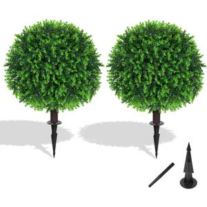 Grooy Artificial Topiary Tree with Eucalyptus, Set of 2 Artificial Shrub Bushes with Ground Spike, Fake Evergreen Tree for Porch, Artificial Plants for Outdoor Planters Indoor UV Resistant