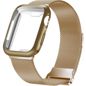 Geoumy Metal Magnetic Bands Compatible for Apple Watch Band 45mm with Case, Stainless Steel Milanese Loop Replacement Strap Compatible with iWatch Series SE 10-1 for Women Men,Light Gold