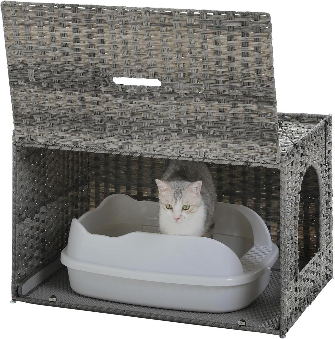 MUTTROS Rattan Cat Litter Box Enclosure - Extra Large Hidden Litter Box Furniture by Handwoven Wicker with Taller Doorway & Raised Edge Mat-Cat House Cabinet for Large Cats Indoor Odor Control, Beige