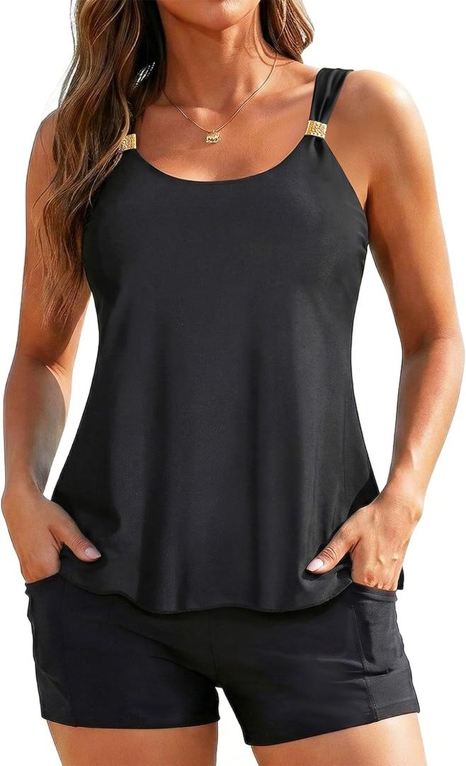 Daci Tankini Swimsuit with Shorts - 2 Piece Tummy Control Bathing Suits Flowy Swim Top with Two Pockets Boy Shorts 2025 (X-Large, Black)