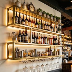 4-Tier Wall Mount Wine Rack with LED Light & Glass Holder, Gold, 100CM/39.4in