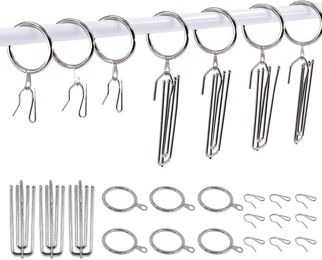 Swpeet 120Pcs Silver 1.18Inch - 30mm Metal Drapery Curtain Rings Curtain Hanging Rings and Stainless Steel 4 Prongs Pinch Pleat Hook with Drapery Curtain Pin-on Hooks Pins for 19mm-25mm Curtain Rods
