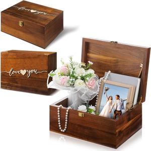 Threehoney Large Wooden Wedding Keepsake Box with Lids 12 x 9 x 5.5 Inch, Wedding Memory Storage Box Engagement Gifts for Couples Newlyweds Bridal Shower Couple Gifts(Love)