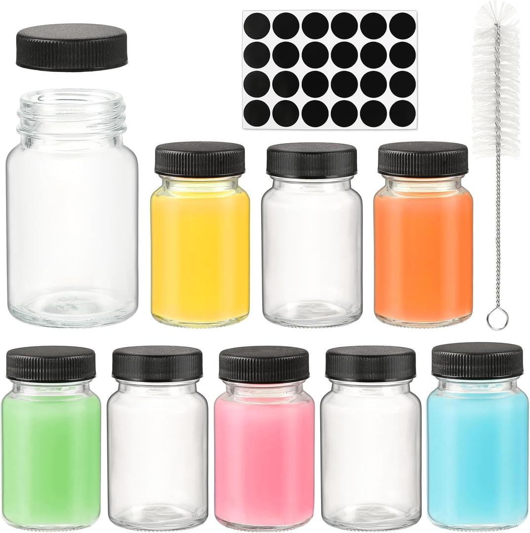 2 oz 15pcs Glass Shot Bottles Black Lids & 24 Labels And Brush-Small Clear Jar for Ginger,Juice, Sample, Whiskey-Travel Essentials Mini Bottles-Wide Mouth, Leakproof,Wellness Shot,Dishwasher Safe (15)