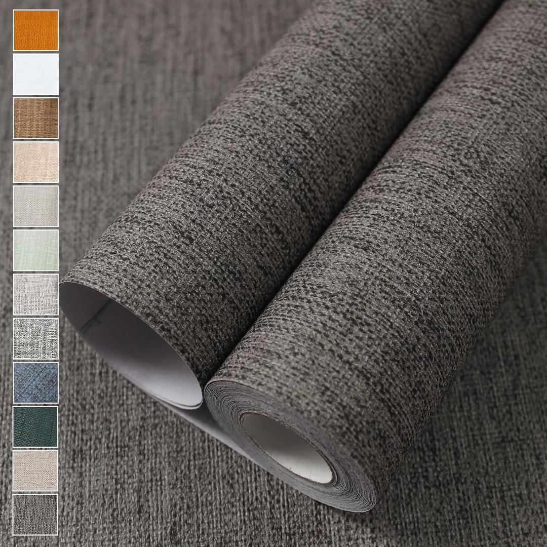 WADILE Grasscloth Peel and Stick Wallpaper 23.6in x 236in, Textured Contact Paper for Cabinets, Faux Linen Wall Paper Pull and Stick, Fabric Vinyl Wallpaper Self Adhesive Brown Gray