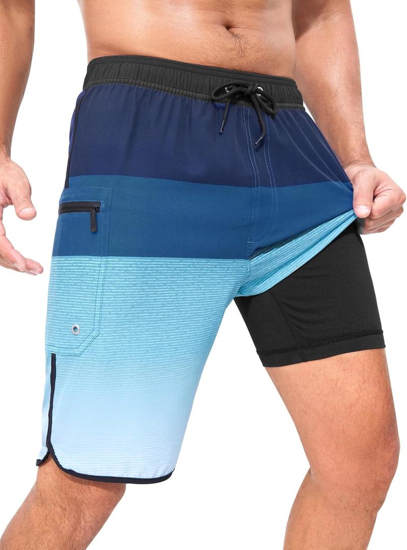 SILKWORLD Mens Swim Trunks with Compression Liner 9 Inch Long Bathing Suit 2 in 1 Beach Quick Dry Shorts with Pockets (Medium, Blue Gradient)