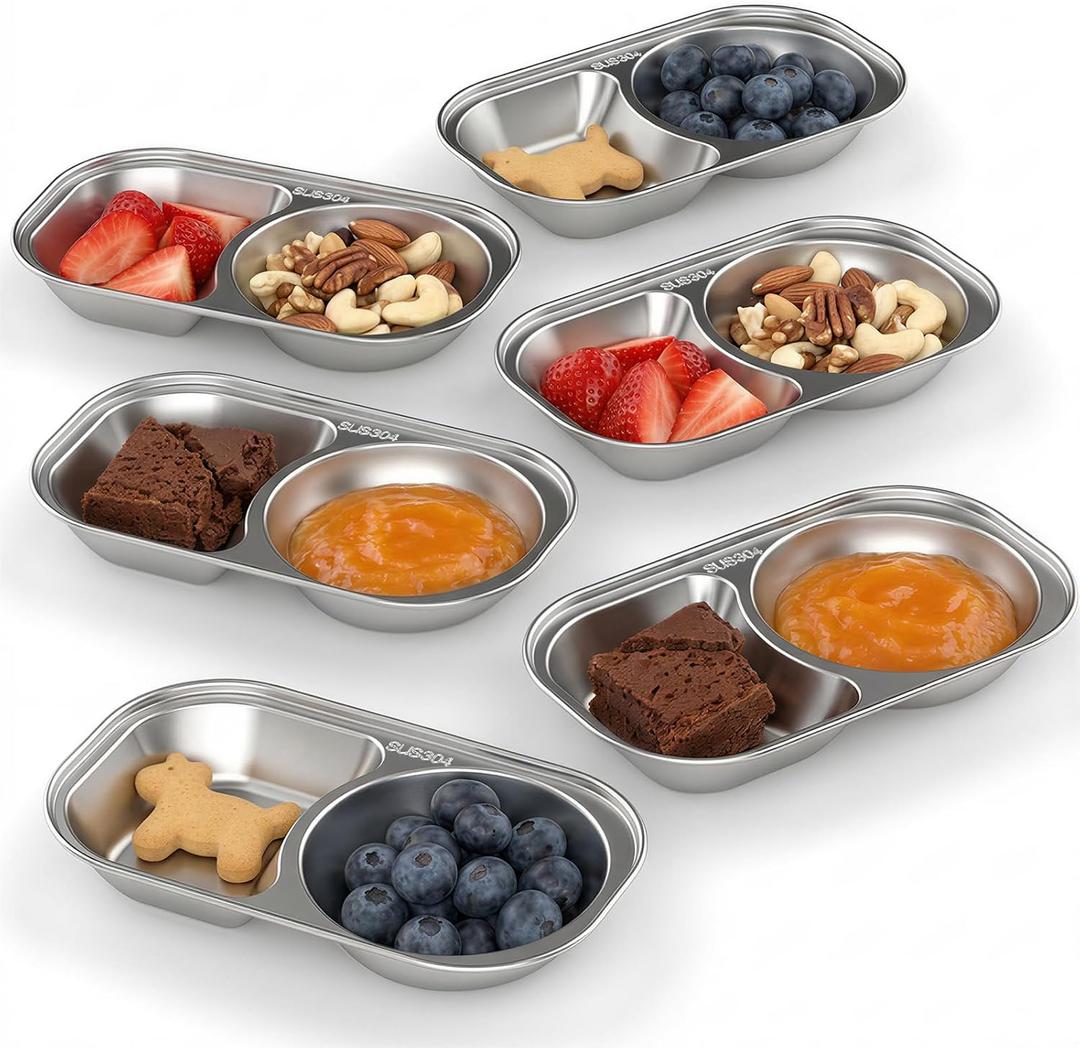 Bakpoco Stainless Steel Toddler Plates Set of 6, 2-compartment Kids Plates for Snack Portion Control, Small Divided Plate for Baby Feeding & Adults Camping, Non-toxic Dishwasher Safe Metal Dish, 8.6"x5" - 6PCS