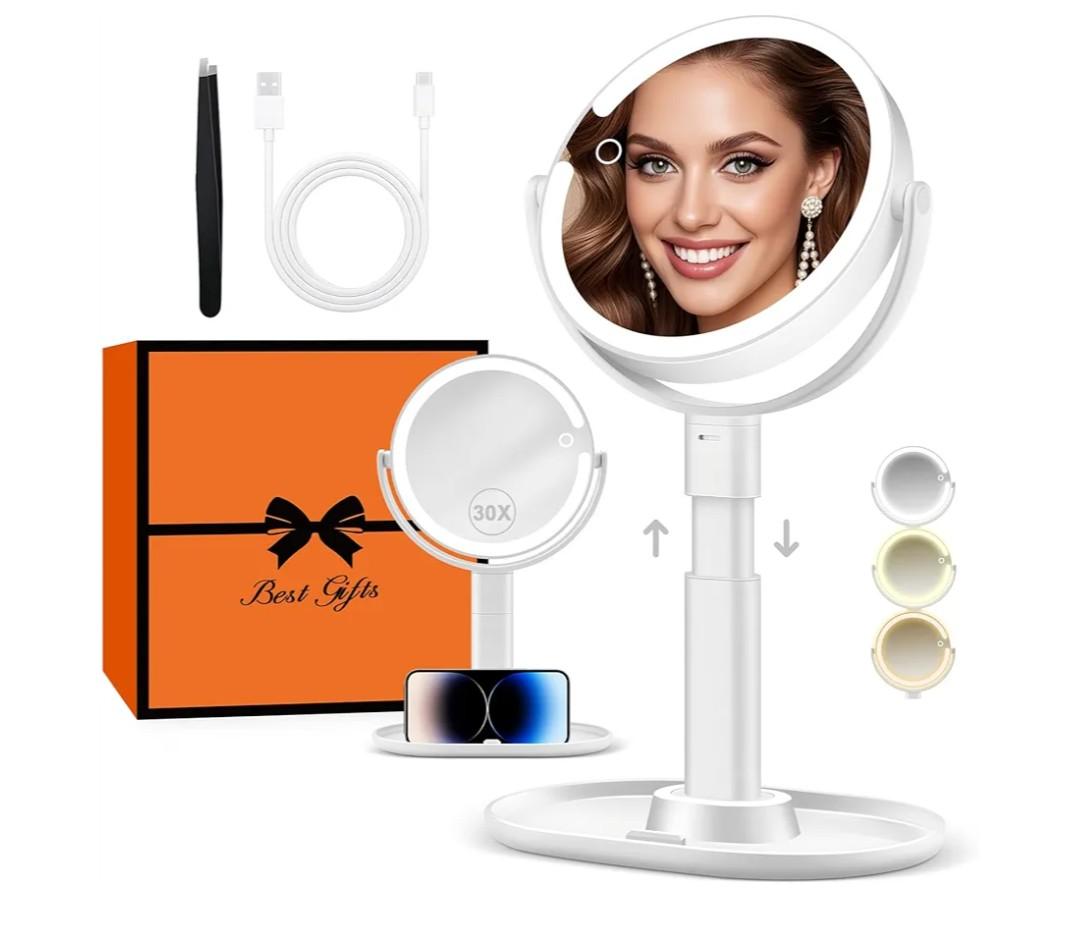 B Beauty Planet Vanity Mirror with Lights, 30X Magnifying Makeup Mirror with 3 Lighting and Adjustable Brightness, Rechargeable 2-Sided Height Adjustable Desk Mirror for Bathroom, Women Gifts for Mom