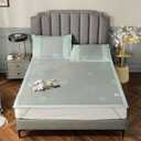 Square Cooling Bedding Mat,Ice Silk Rattan Matting, Jacquard Foldable Mixed Materials of Ice Silk & Rattan, (Green, Queen)