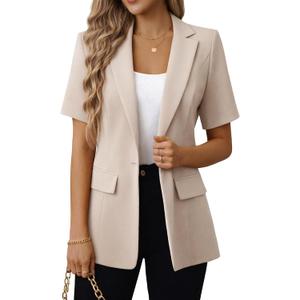 Mina Self 2026 Summer Women's Short Sleeve Blazer Jacket - Open Front Lightweight Breathable Fully-Lined Work Casual Pocket (Beige, XXL)