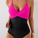 B2prity Women's One Piece Swimsuits Tummy Control Front Cross Bathing Suits Tie Back Slimming V Neck Swimwear, Size L