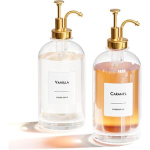 16.9 oz (500 ml) Coffee Syrup Dispenser Set of 2 Glass Bottles with Gold Pumper and Syrup Labels - Precise Dispensing and Stylish Addition to Coffee Shop, Cafe or Home Bar