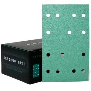 Serious Grit - 3" x 5" (80mm x 133mm) 14-Hole 150 Grit Sanding Sheets - Fits Festool RTS 400 & Mirka Deos 353 - Heavy-Duty Hook & Loop Film Abrasives - Sandpaper for Sheet Sanders - 50 Pack Box