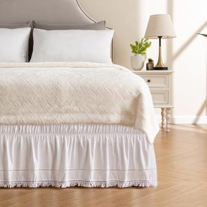 MIYE Wrap Around Ruffled Lace Bed Skirt, Elastic Dust Ruffle with Adjustable Belts, Easy to Put On, Bed Frame Cover, Machine Washable (Tassel Ruffle/White, Full/Twin-18 Drop)