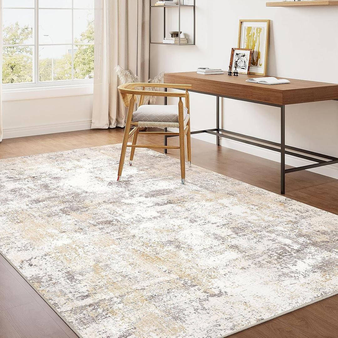 3x4 Washable Area Rug Beige Grey Abstract Entryway Office Throw Rug Neutral Modern Non Slip Soft Low Pile Small Carpet for Kitchen Living Room Bedroom Entrance