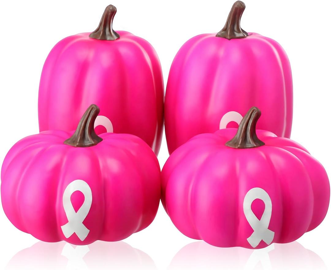 4 Pcs Large Artificial Pink Pumpkin Breast Cancer Awareness Decorations Faux Foam Pumpkins with Pink Ribbon for Breast Cancer Month Fall Table Decor(4.33 Inch,4.72 Inch,White Ribbon)