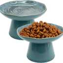 VCEPJH Elevated Cat Bowls 6.1in Shallow Cat Food Plate Pack of 2 Ceramic Raised Cats Dish Flat Anti Whisker Fatigue Wide Pet Food & Water Feeder for Indoor Kitty Kitten (Blue)