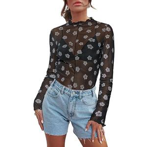 Women's Sheer Floral Long Sleeve Layering Top Ruffled Mock Neck Sheer Blouse for Casual Brunch Party Club Night Date Outfits, L, Floral Black Light