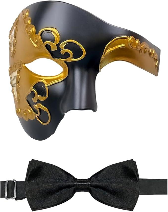 HyperFun Mens Masquerade Mask Phantom of The Opera Half Face Mask with Bowtie, Vintage Venetian Masks for Costume Party