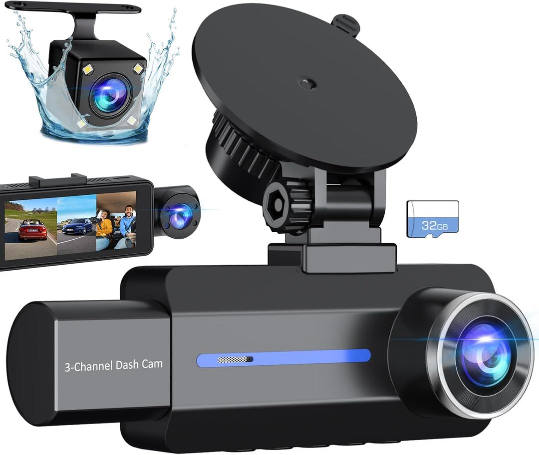 Dash Cam Front and Rear, 2.5K+1440P Triple Car Camera with 32GB Card, 3 Channel Dash Camera for Cars, G-Sensor, 3.16 IPS Screen, 24Hr Parking, 170Wide Angle, Loop Recording, IR Night Vision, Blue