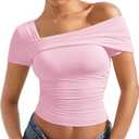 SUUKSESS Women One Off The Shoulder Summer Tank Tops Ruched Short Sleeve Shirts (Large, #1 Pink)