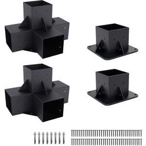 Pergola Kit Elevated Wood Stand Kit Woodwork for 4"x 4" (Actual 3.5" x 3.5"), Solid Steel Wooden Gazebo Kit for Outdoor 4-Way Right Angle Corner Bracket and Base Brackets - Includes Screws