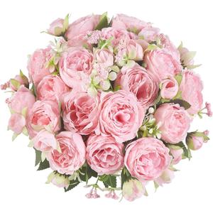 Mkono Peonies Artificial Flowers, Small Silk Flowers for Home Decor Indoor Fake Bouquet Faux Floral Arrangements Dining Table Centerpieces for Kitchen Bridal Wedding Party Decor Pink