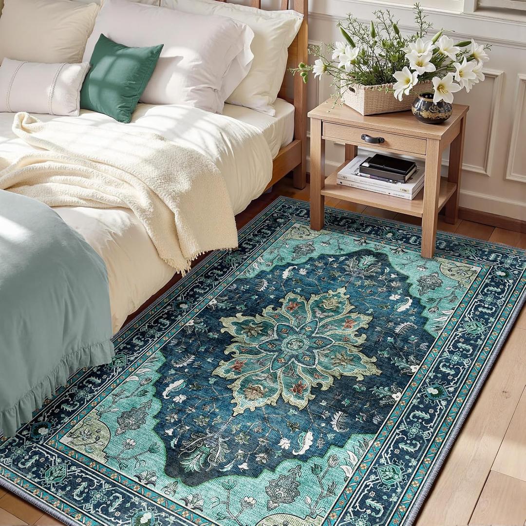 RELEANY Area Rugs 3'x5' Washable Non-Slip, Floral Vintage Distress Print Pattern Medallion Carpet for Living Room Bedroom Dining Room, Teal Green Lake Blue Turquoise